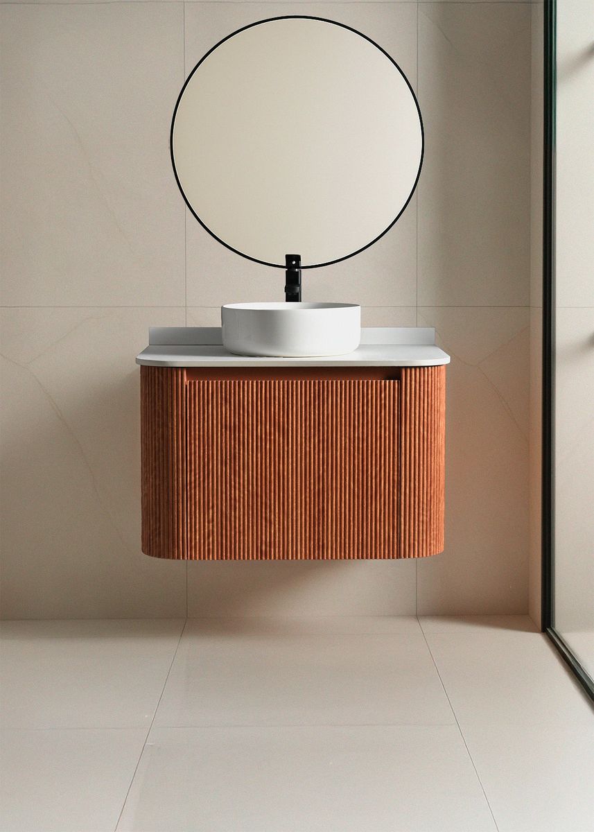 Meuble vasque suspendu 80cm bois chaud cannelé vasque incluse